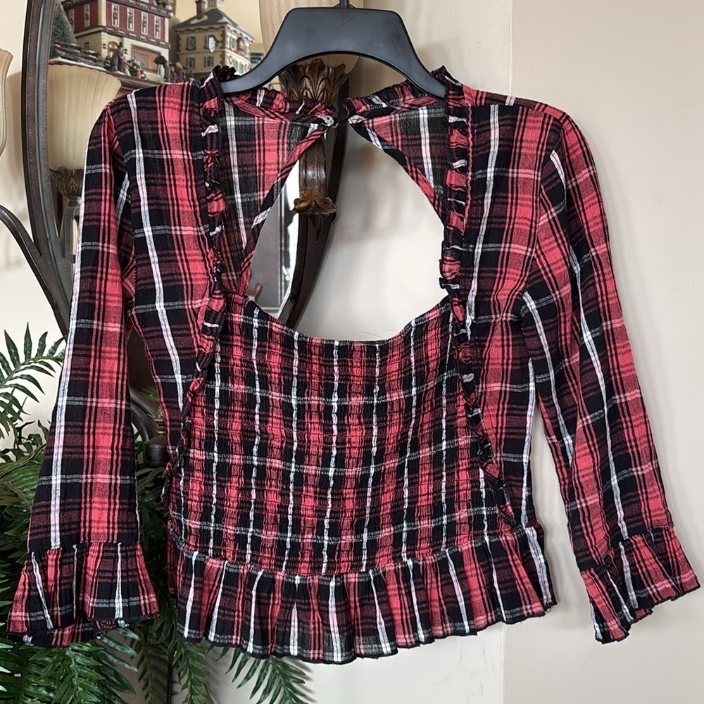Free People Nicole Smocked Plaid Top Red Black Cropped Open Back Stretch Blouse